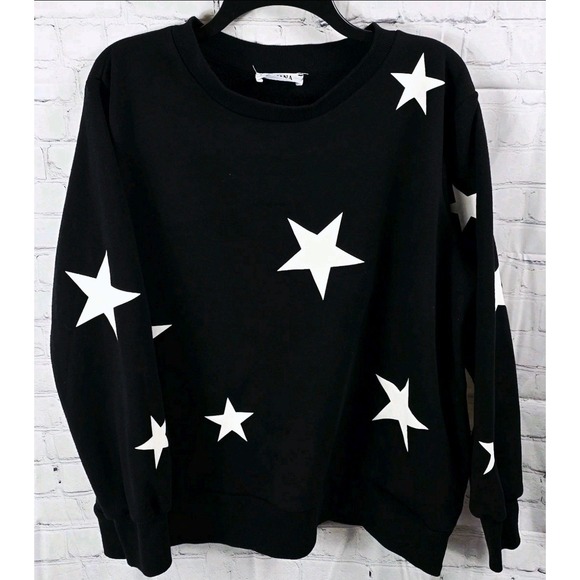 Zenana Women's Size 1X Star Print Sweatshirt Black White Pockets Stretch B-B - Picture 1 of 4